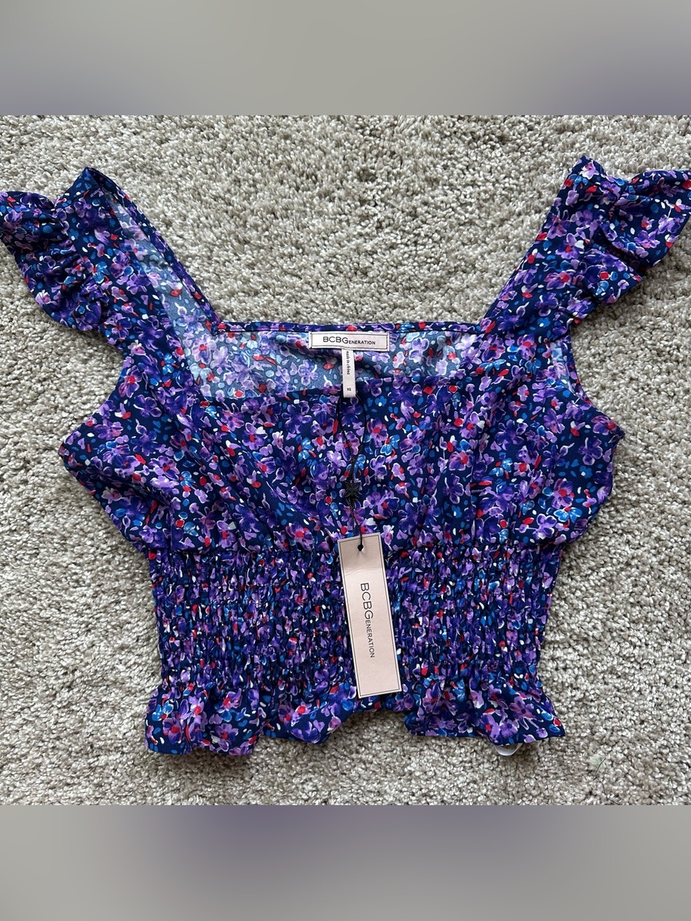 structure:"BCBGeneration Purple Floral Smocked Crop Top Ruffle Sleeves a395